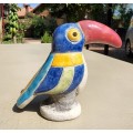 CUTE TOUCAN WOODPECKER BIRD - RAKU FIRED GLAZED POTTERY FIGURINE - HAND CRAFTED AND SIGNED BY ARTIST