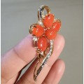 BEAUTIFUL RED CORAL AND CUBIC ZIRCONIA BROOCH