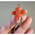 BEAUTIFUL RED CORAL AND CUBIC ZIRCONIA BROOCH