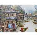 SOUTH EAST ASIA FISHING VILLAGE AN ORIGINAL OIL PAINTING BY VIRATH