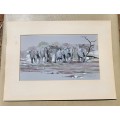 HERD OF ELEPHANTS 1980 ORIGINAL WATERCOLOUR  BY MH CILLIERS (SA ARTIST)