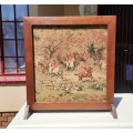 VINTAGE FIRE SCREEN WITH FOX HUNTING SCENE TAPESTRY