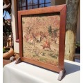 VINTAGE FIRE SCREEN WITH FOX HUNTING SCENE TAPESTRY