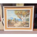 FAMOUS SA ARTIST HANNES VAN DER WALT (1948-) CAPE FARMSTEAD WITH GUM TREE 1975 ORIGINAL OIL PAINTING