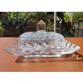 VINTAGE FANCY AND HEAVY PRESSED GLASS LIDDED BUTTER DISH  TRAY WITH LID