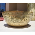 VINTAGE CHINESE BRASS ENGRAVED BOWL WITH A DRAGON AND PHOENIX 4MM THICK SOLID BRASS RIM HEAVY 1,4KG