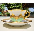 MEISSEN GERMANY PORCELAIN CUP AND SAUCER - GOLD GREEN DECOR - BLUE CROSSED SWORD MARK (1935-1973)