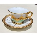 MEISSEN GERMANY PORCELAIN CUP AND SAUCER - GOLD GREEN DECOR - BLUE CROSSED SWORD MARK (1935-1973)