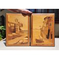 TWO WOODEN INLAY ARTWORKS MADE IN ITALY  ISLAND HOMES WITH FISHING BOATS