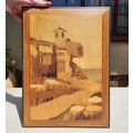TWO WOODEN INLAY ARTWORKS MADE IN ITALY  ISLAND HOMES WITH FISHING BOATS