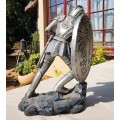 MEDIEVAL KNIGHT IN ARMOUR WITH GIANT PHOENIX COAT OF ARMS SHIELD FIGURINE 21CM HIGH