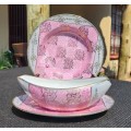 BEAUTIFUL PINK GRAVY BOAT WITH SPILTRAY AND PLATE IN GAYTIME PATTERN