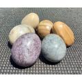 CLUTCH OF 6 ROCK EGGS INCLUDING TWO BANDED AGATE AND PURPLISH LEPIDOLITE EGGS