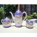 VINTAGE (1930-1960) JAPANESE DRAGONWARE MORIAGE GEISHA LITHOPHANE PURPLE LUSTERWARE 17 PIECE TEASET