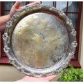 DECORATIVE 40CM DIAM VINTAGE SILVERPLATE ON SOLID BRASS PLATE (N LETTER IN SHIELD MARK) WEIGHT 1KG
