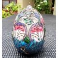 CLOISONNE ENAMEL PAINTED EGG WITH PEACOCK AND FLOWER MOTIF MEDIUM SIZED 9CM HIGH