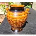Vintage Dark Brown Glazed Vase with Two Applied Handles Handmade