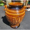 Vintage Dark Brown Glazed Vase with Two Applied Handles Handmade