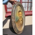 Large 63x49cm Oval Curved Glass Vintage Early 20th Cen Wooden Framed Moustache Man with Bow Tie Phot