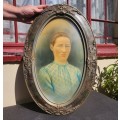 Large 63x49cm Oval Curved Glass Vintage Early 20th Cen Wooden Framed Stiff Neck Dressed Women Photo