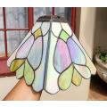 Green and White Pearl Luster Stained Glass 22 cm Wide Pyramid Shaped Lampshade with Pewter Frame