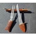Vintage 1960s Fish Shaped Carved Wooden Knife and Fork Set with Brass Fin Feet and Sheath Guards