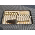 Vintage NTC 23 Carat Gold Plated Set: 6 Teaspoons, 6 Desert Forks, 1 Cake Lifter