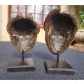 TWO SMALL 16CM HIGH PUNU WHITE FACED WOODEN SPIRIT MASKS FROM THE ZAIRE GABON RAINFOREST PEOPLE
