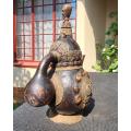 Luba DRC Tribal Gourd Calabash Water Pitcher with Figural Head Carved Wooden Stopper