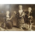 Vintage Framed Sepia Print 2 French Noble Girls and a Boy after Francois Hubert Drouais (1727-1775)