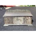 Egyptian Themed Engraved Metal Trinket Box with Stagecoach Embossed Decorated Domed Hinged Lid