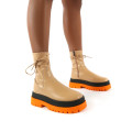 FINALE CAMEL PU MULTI CHUNKY SOLE ANKLE WRAP BOOTS