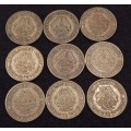 9 X 1961 1/2 Cent coins  (As per photo)