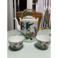 Antique Chinese Porcelain Teapot & Cups in warmer tea basket