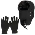 Winter Hat Ushanka Hat + Unisex Touch Screen Gloves For Men and Women - Black Hat + Black Gloves