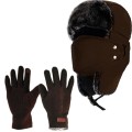 Winter Hat Ushanka Hat + Unisex Touch Screen Gloves For Men and Women  - Brown Hat + Brown Gloves