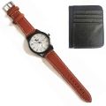 Minimalist Wallet For Men Card Holder Bank Card Wallets + VC Fashion Watch -  Light Brown Strap