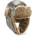 Leather Winter Hat Trapper Hat Pilot Ushanka Ski Hat + Goggles - Black