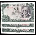 SPAIN 1974 - 1000 PESATAS x 3 notes -  COMMEMORATIVE ISSUE-CENTENNIAL OF THE BANCO de ESPANACO