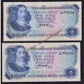 SA  TW DE JONGH R2 BANKNOTEs -  3RD ISSUE 1976 x 2 notes in series