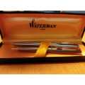 WATERMAN HEMISPHERE CHROME WITH GOLD TRIM ROLLERBALL AND MECHANICAL PENCIL SET IN BOX