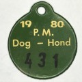 1980 P.M dog license token number 431 - Pretoria municipality ?