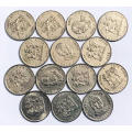 Complete set 1977-1990 South Africa Springbok R1 one rand nickel coins