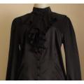Black satin shirt with high collar and frills