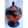 BEAUTIFUL HAND CARVED AND PAINTED URN WITH LID. VERY ARTY & DECORATIVE!