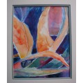 STUNNING ORIGINAL WATERCOLOUR `ABSTRACT BIRD OF PARADISE` TASTEFULLY FRAMED, READY TO HANG