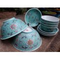CHINESE - BEAUTIFUL HANDPAINTED TURQUOISE BOWLS SET OF 10 VARIOUS SIZES