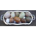 STONE EGGS IN BEAUTIFUL SILVER PLATE BOWL - LOVELY NATURAL HOME DECOR!