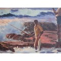 Vintage original oil by D. Le Roux, Umdloti - Natal, Early Morning Fishermen. circa 1960s Fabulous!