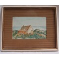 Original watercolour - lovely little shabby chic `Seaside Cottage` unusual style and framing.